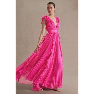 MAC DUGGAL Pleated Ruffle Cap Sleeve Chiffon Gown in Fuchsia Size US 8